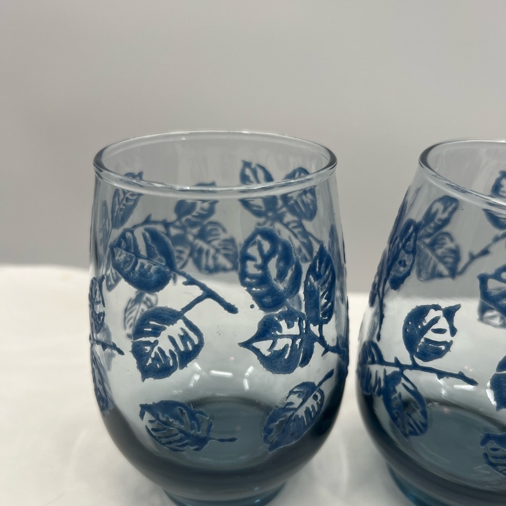 Libbey Juice Eventide Glasses Painted Blue leaves Set of 4 Vintage - Picture 2 of 9